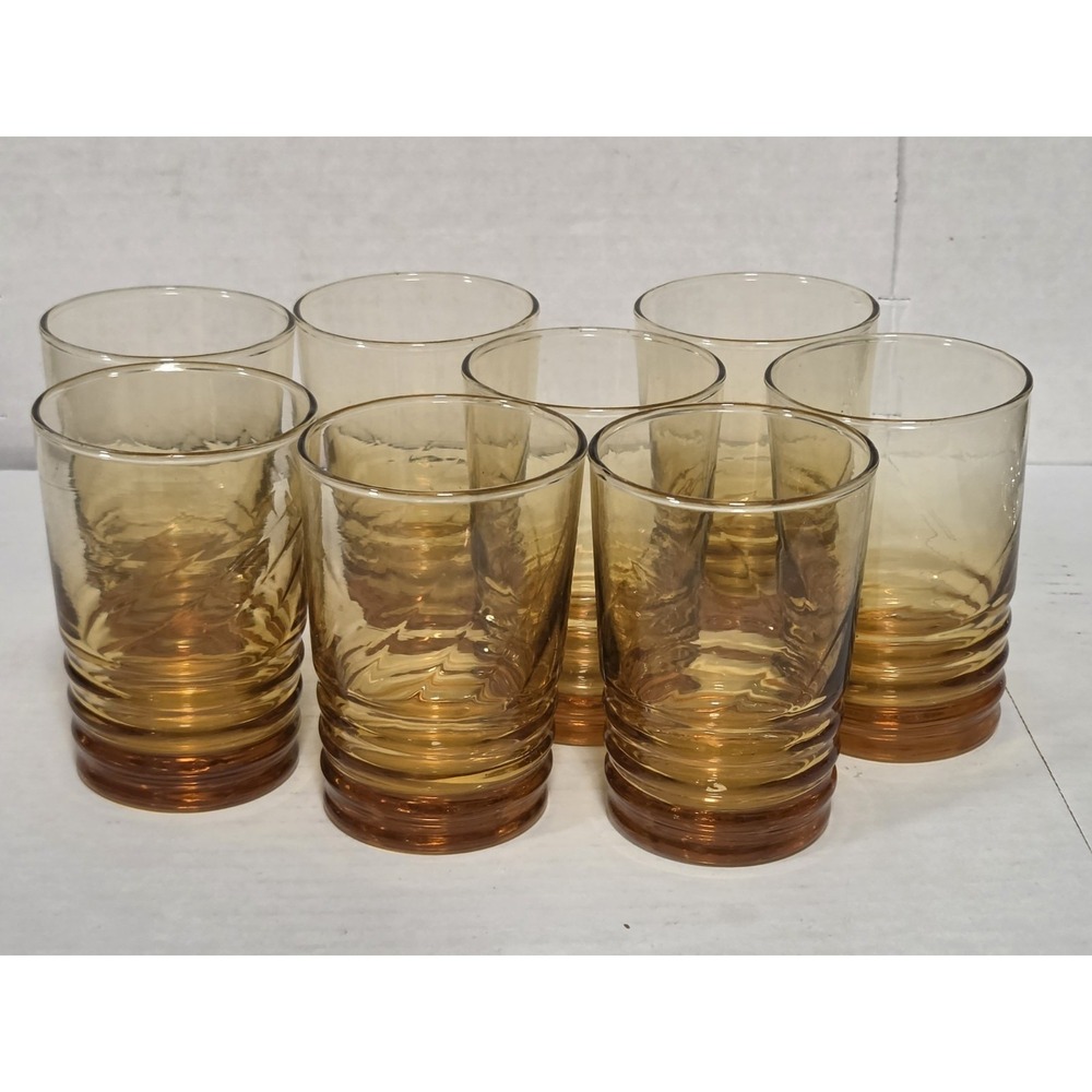 Vintage Libbey Amber Glass Juice Tumblers Heat Treated Set of 8 Swirl Ring Base